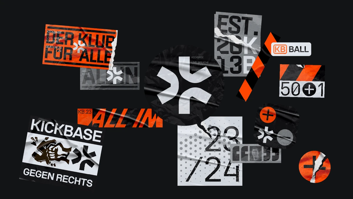 Collage de Kickbase con pegatinas, tipografía e insignias