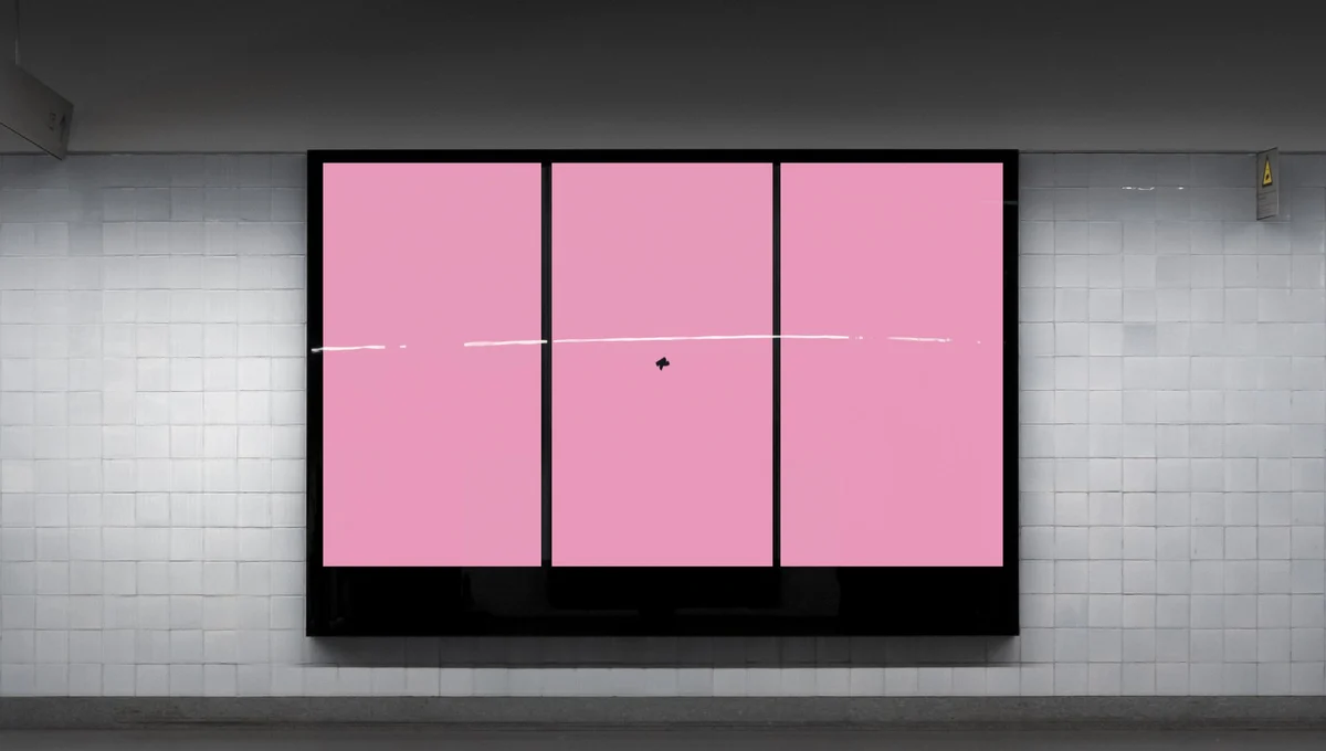 Pantallas digitales rosas de Klarna sobre una pared gris