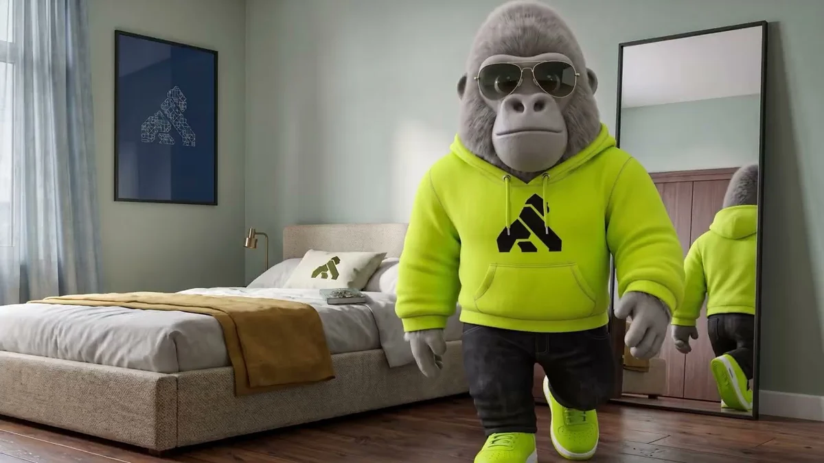 Kong gorilla mascot in a lime hoodie standing in a bedroom