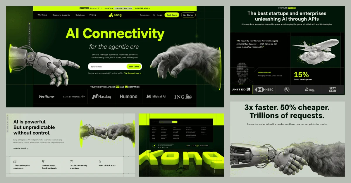 Kong website pages for AI Connectivity in black and acid-green