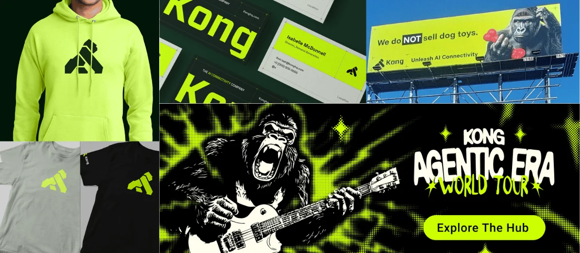 Kong 'Agentic Era' campaign: green apparel and billboards with the gorilla mascot