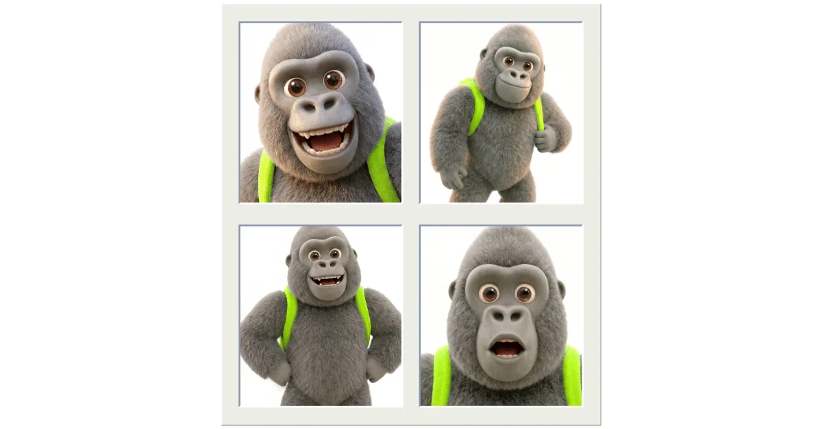 Four 3D renders of the Kong gorilla mascot in different poses