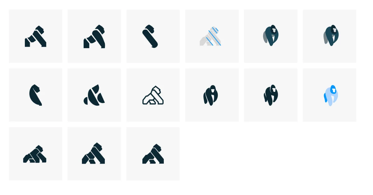 Grid of Kong gorilla-head symbol variations and app icon studies