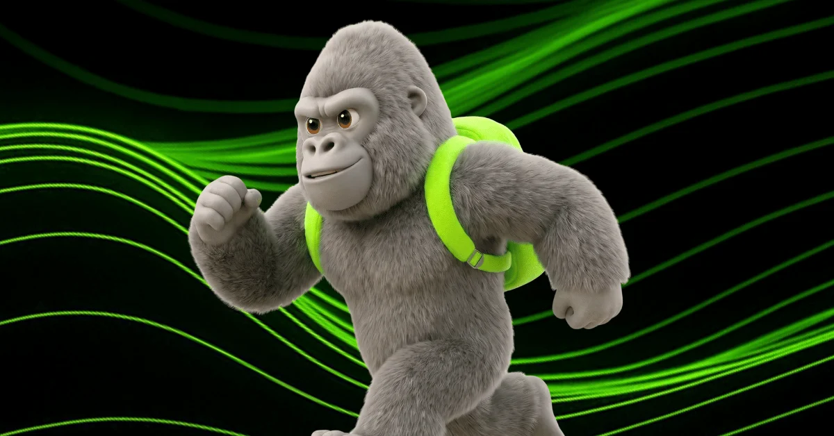 3D Kong gorilla mascot in a green backpack walking through flowing green light trails