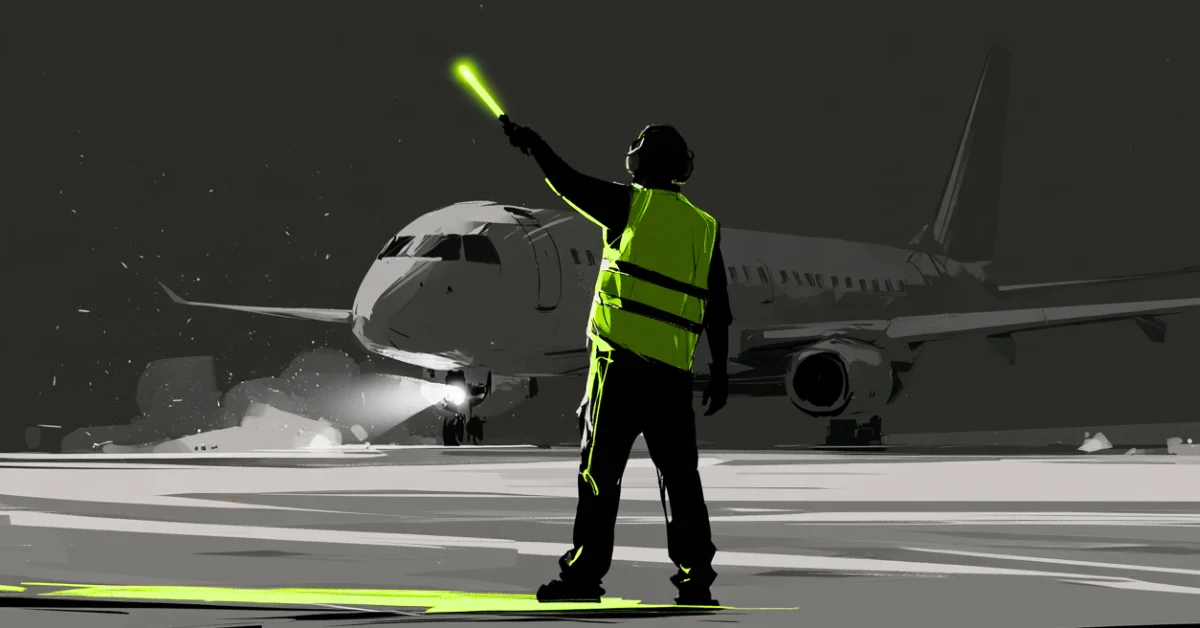 Airport marshal in a high-vis vest guiding a plane, Kong campaign photography