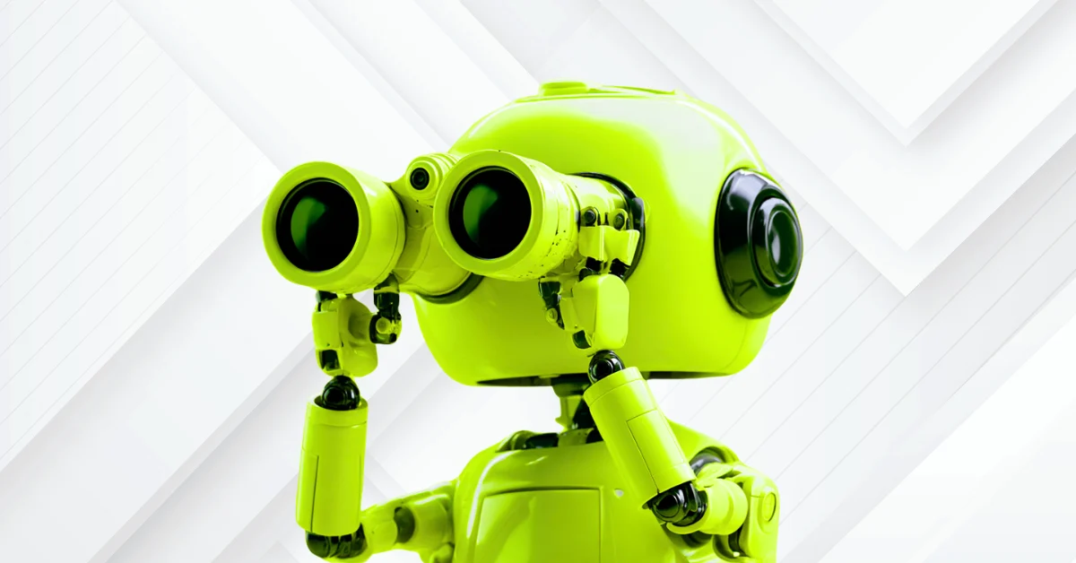 Acid-green 3D robot with binocular eyes, part of Kong's illustration system