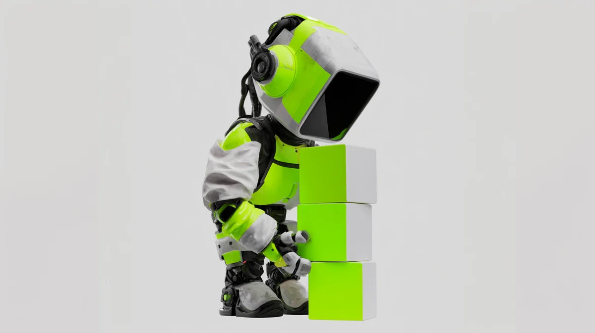 Gorilla mascot dressed in grey and green lifting a box, studio render
