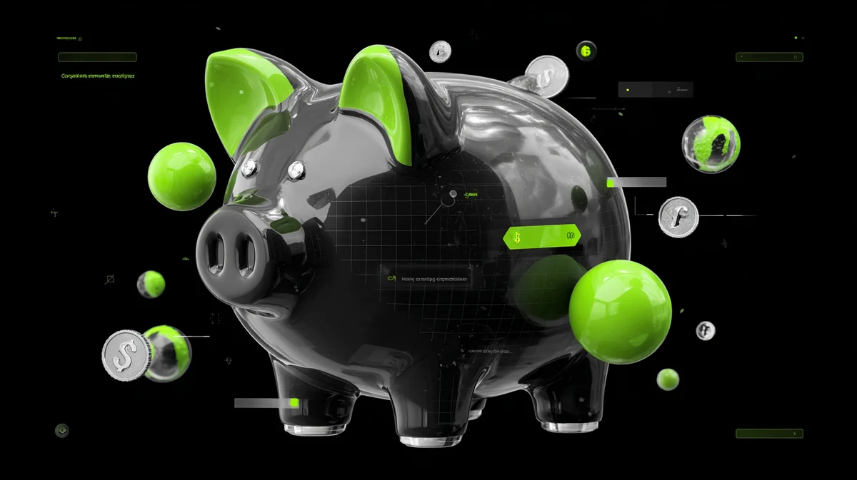 Translucent piggy bank render surrounded by green spheres on black