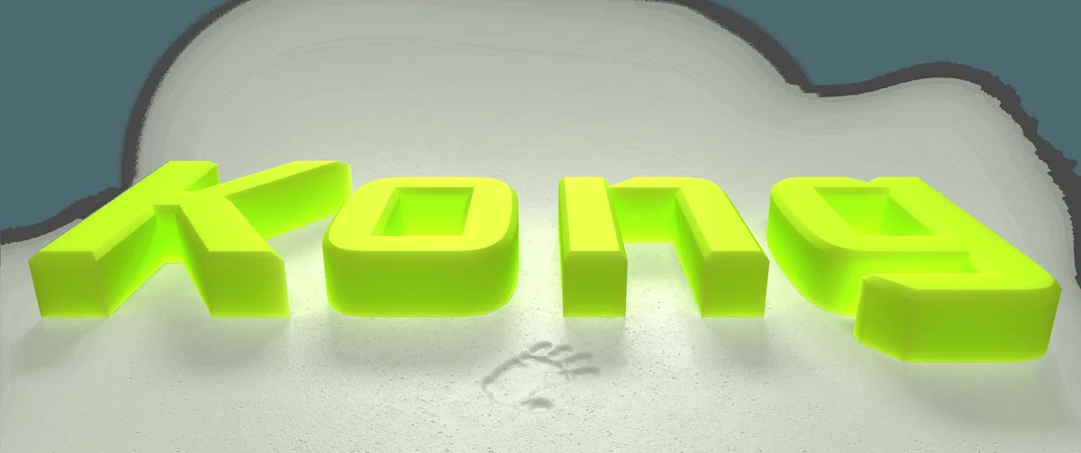 Inflated 3D Kong wordmark in acid-green on a pale background