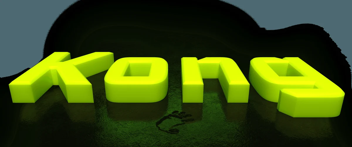 Inflated 3D Kong wordmark in acid-green on a dark background