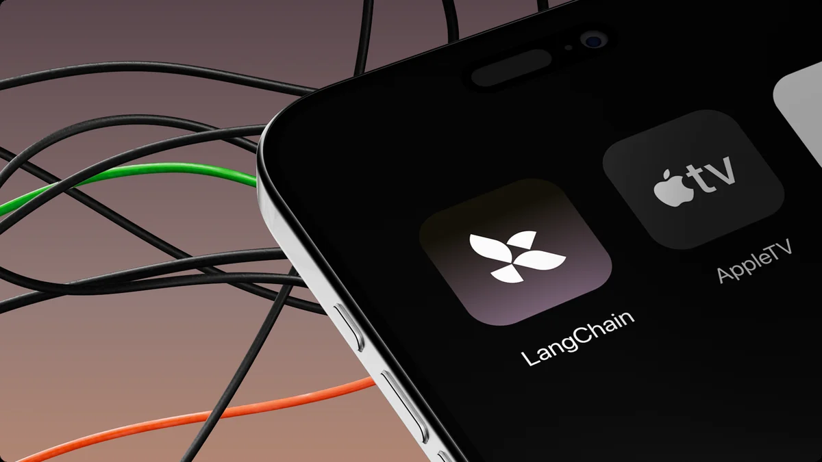 Teléfono con el icono de la app de LangChain junto a Apple TV, enredados en cables de colores