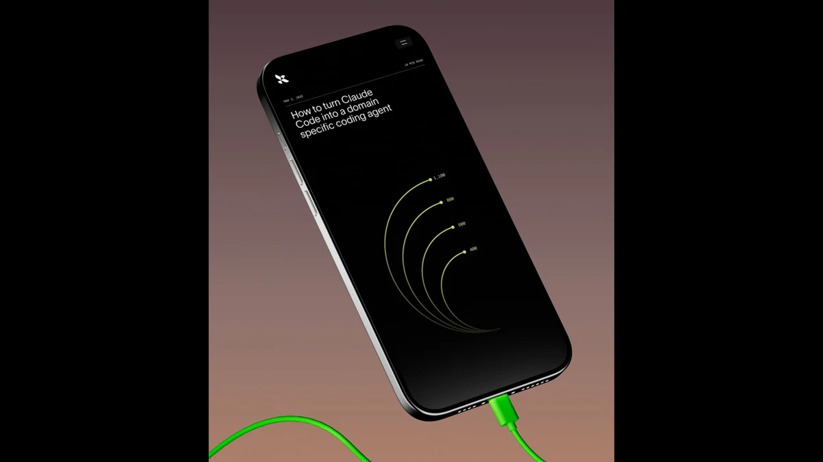 Mano con un teléfono que muestra una pantalla de LangChain sobre un degradado