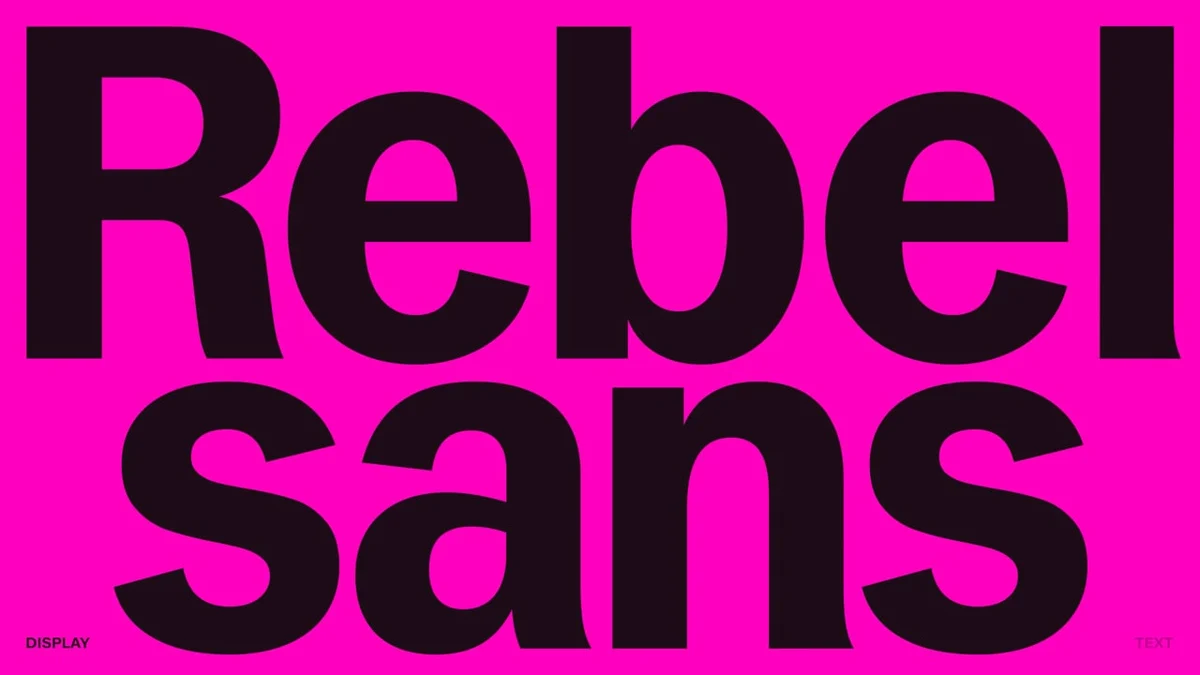 Título de la tipografía «Rebel Sans» en negro sobre magenta