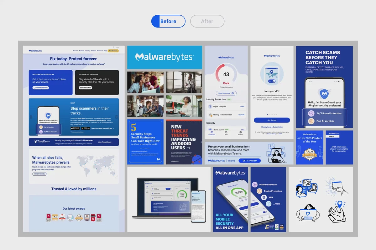Resumen de las aplicaciones de marca de Malwarebytes en web e impreso, en azul