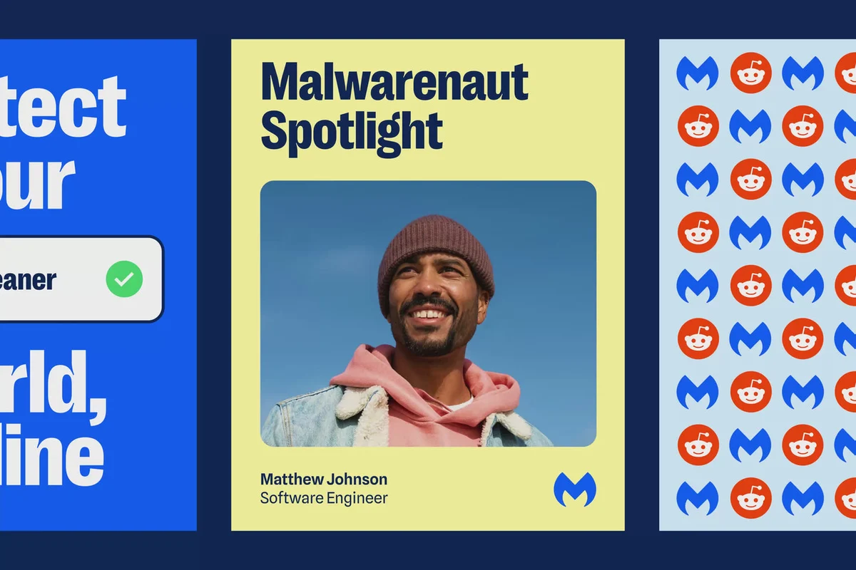 Post social «Malwarenaut Spotlight» con el patrón M en azul y amarillo