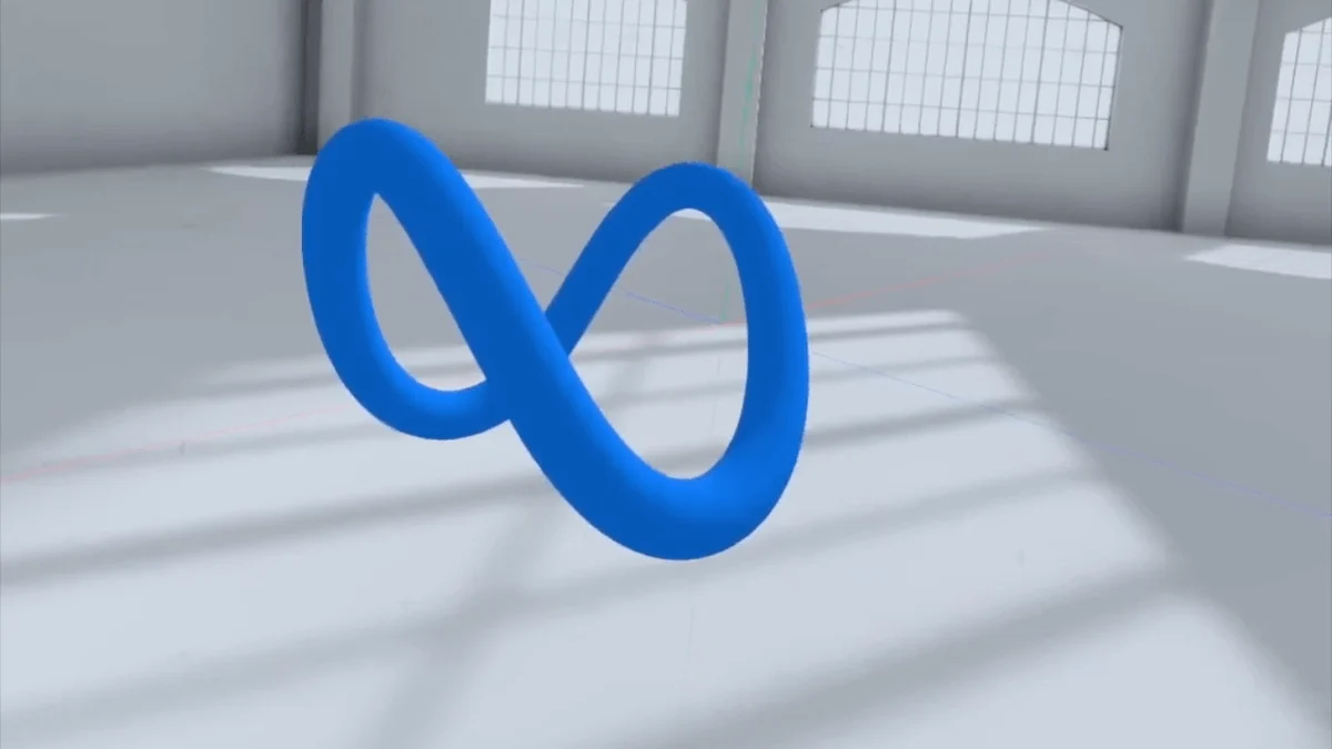 Blue 3D Meta infinity symbol in a sunlit atrium