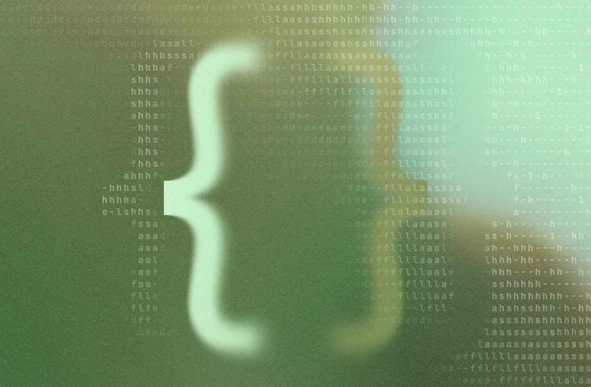 A large white curly bracket is displayed against a greenish, blurred background with rows of small, light-colored letters and symbols scattered across the image.