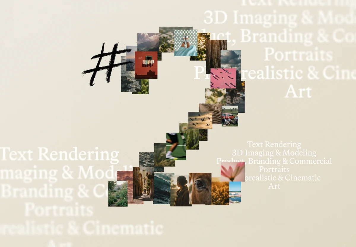 A large number 2 with a hashtag, filled with small photos of nature, animals, and people, overlaid on faded text about rendering, imaging, modeling, and art.
