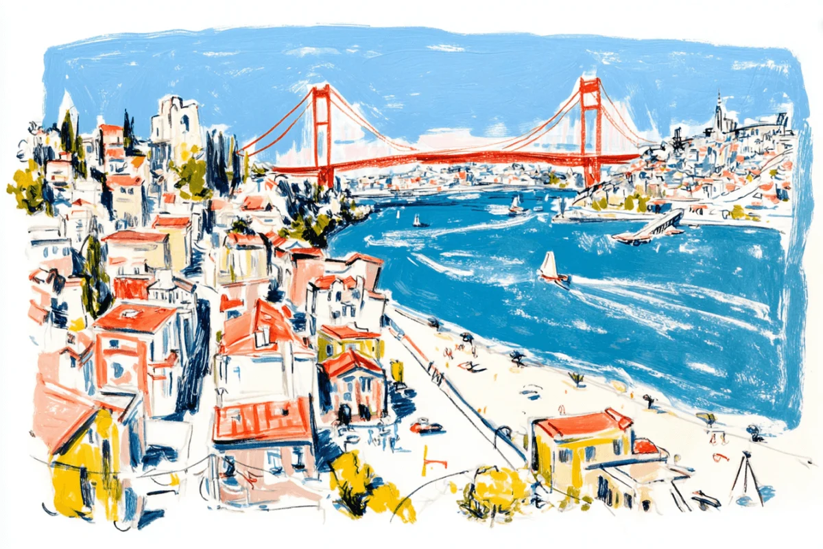 Colorful illustration of a coastal cityscape with red-roofed houses, a wide blue river, boats, and a large red suspension bridge spanning the water under a bright sky.