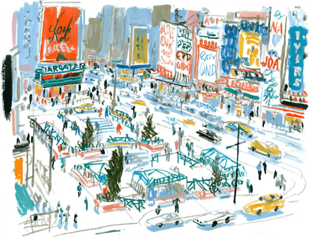 Colorful sketch of a busy city square with crosswalks, taxis, people walking, green spaces, and tall buildings filled with bright billboards and advertisements.