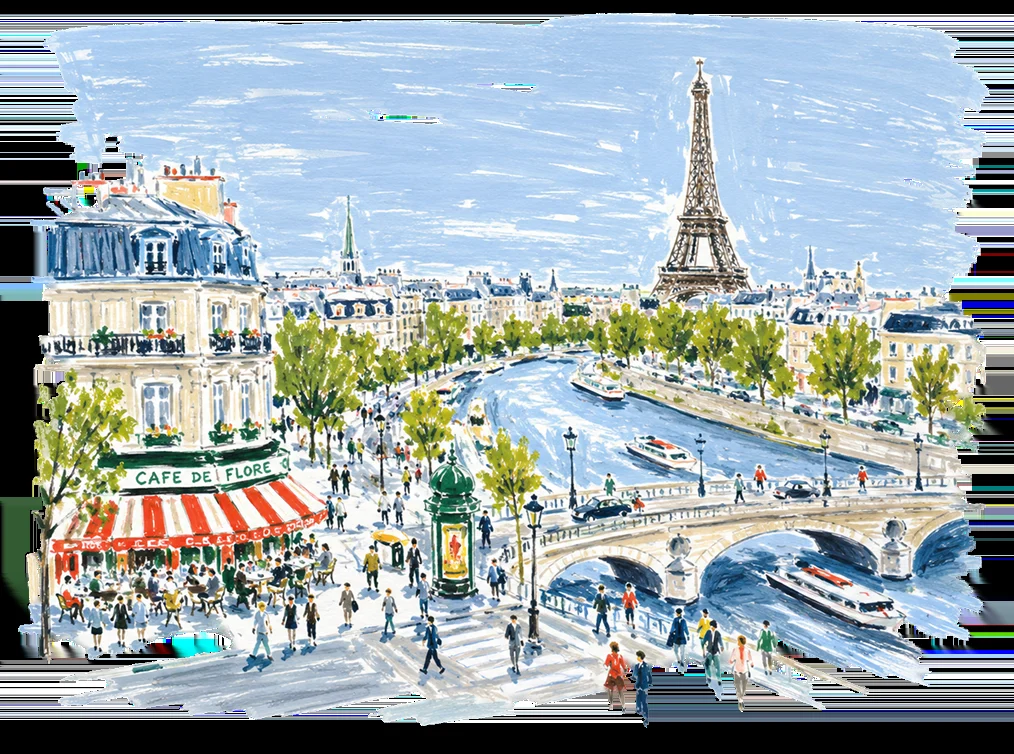 Colorful illustration of Paris with the Eiffel Tower, a river with boats, a bustling street scene, people walking, and the Cafe de Flore with a red and green awning in the foreground.