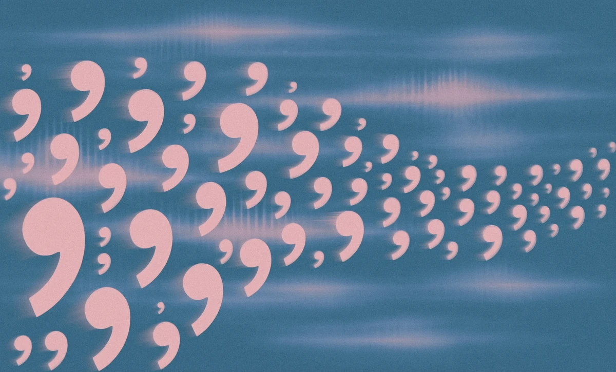 Pink comma shapes flowing across a teal sky