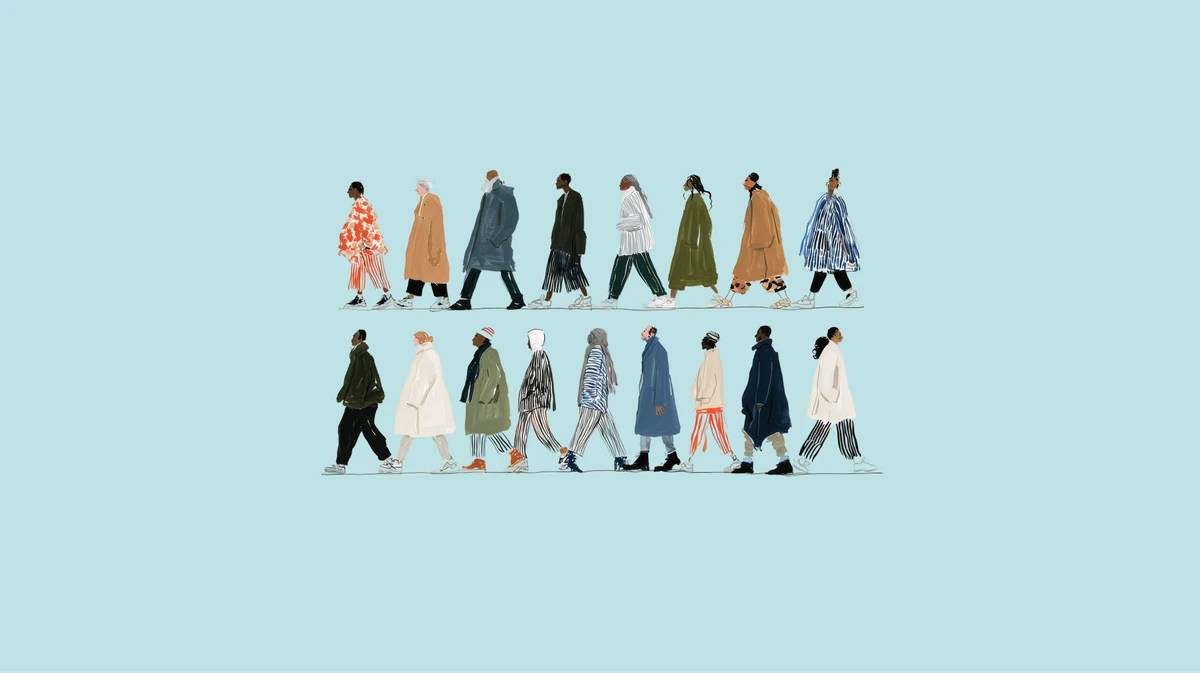 Illustrated row of walking people on pale blue