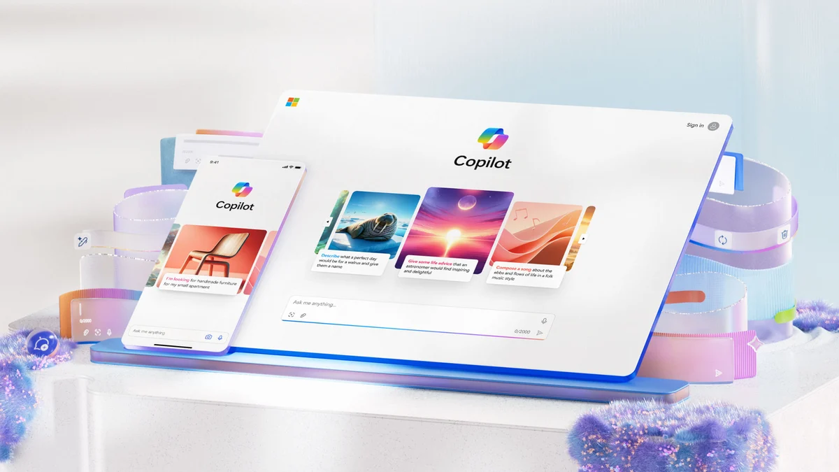 Copilot app windows in a pastel 3D scene