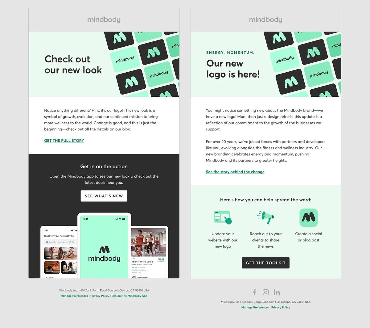 Mindbody email layout: 'Check out our new look'