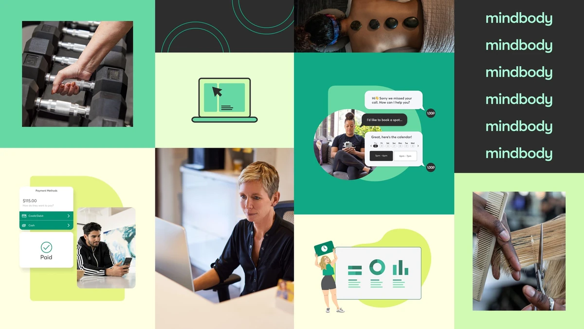 Mindbody brand photography with green graphic shapes