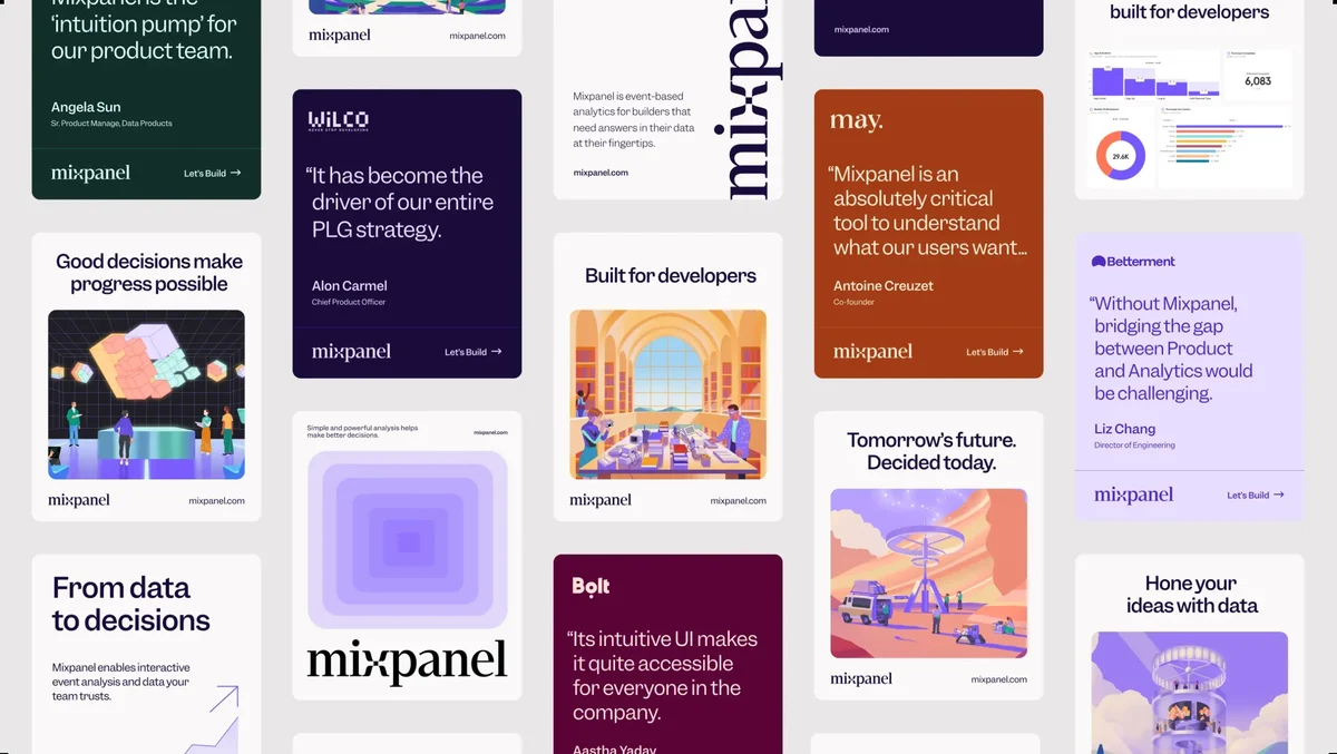 Material y posts sociales de Mixpanel en morado