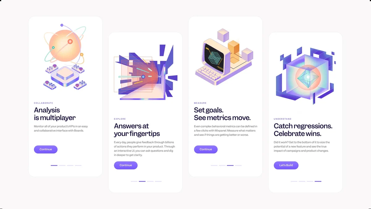 Tarjetas de funciones del sitio de Mixpanel con ilustraciones