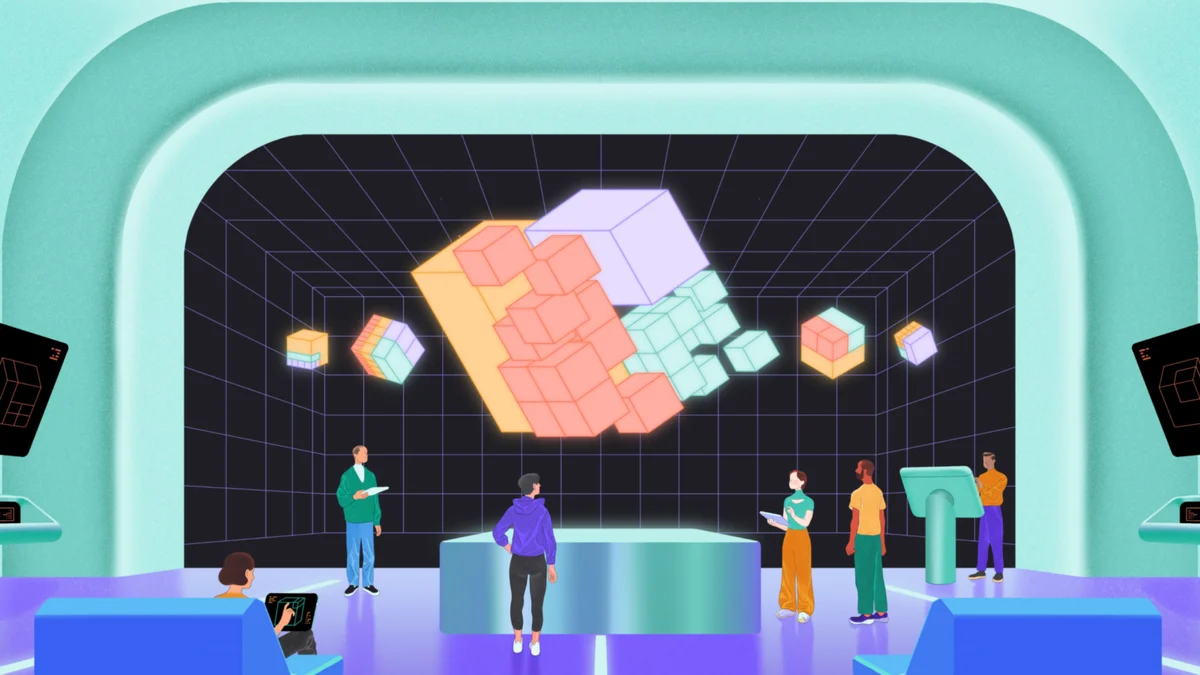 Escenario de un evento de Mixpanel con una pantalla ilustrada gigante