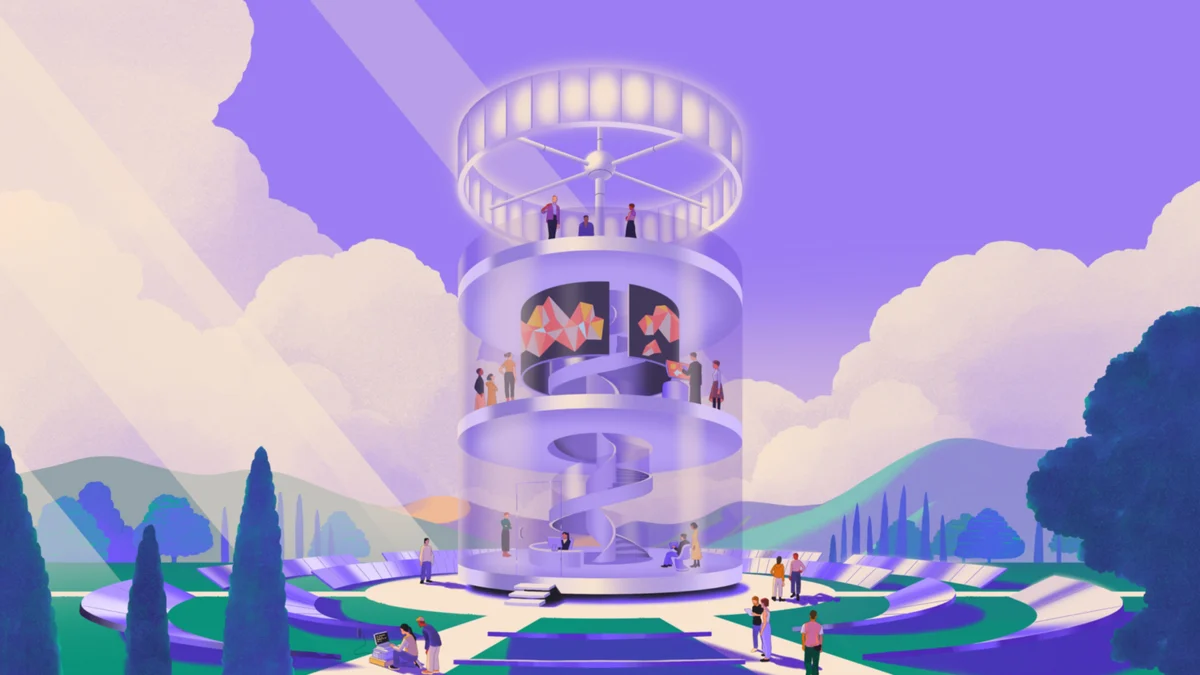 Ilustración de Mixpanel de una torre de cristal entre nubes pastel