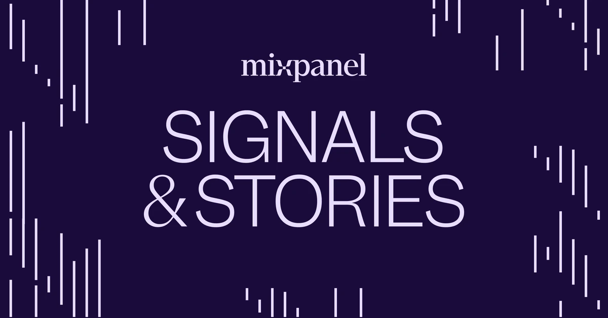 Título «Signals & Stories» de Mixpanel en blanco sobre morado