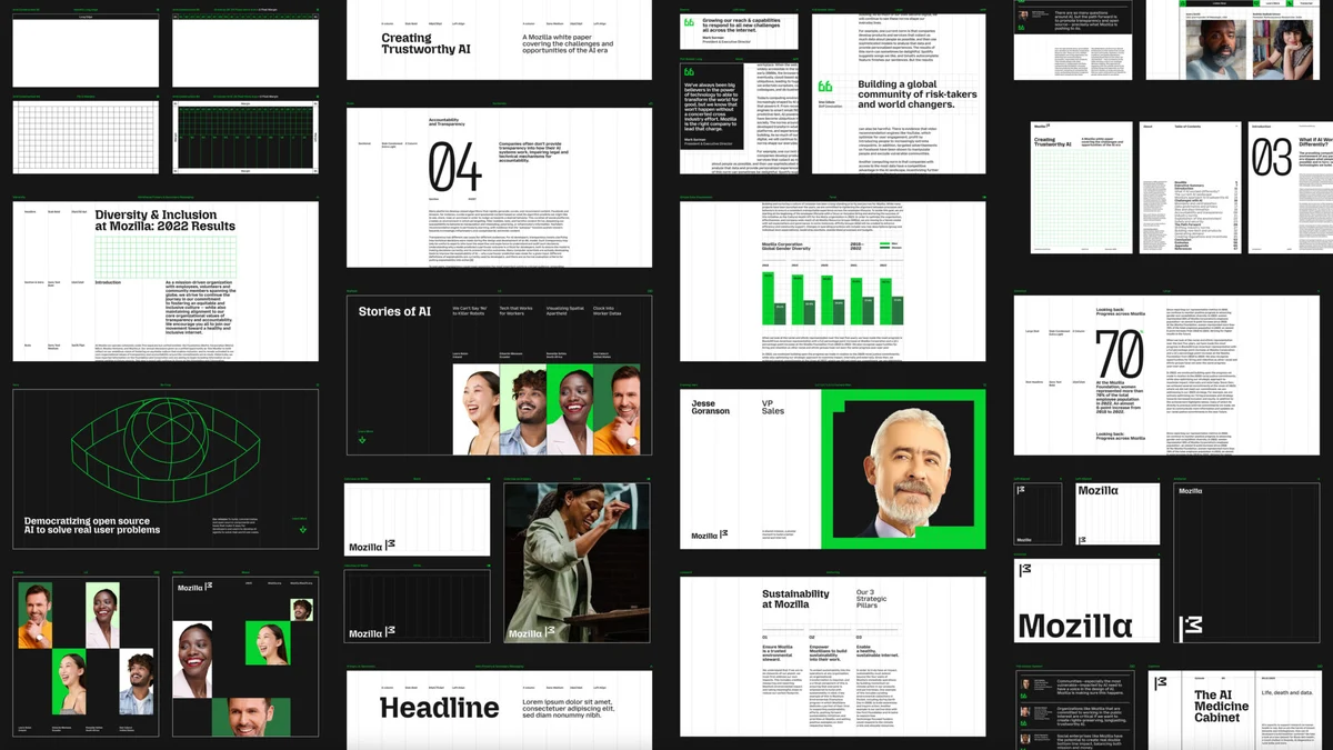 Un collage dinámico de diapositivas y visuales de la marca Mozilla, que muestra una mezcla de gráficos, titulares, retratos diversos y mensajes clave. Los temas incluyen «Diversity & Inclusion», «Trustworthy AI» y «Sustainability», con tipografía llamativa, un diseño de cuadrícula estructurado, acentos verdes y el logo de la bandera estilizada como protagonista.
