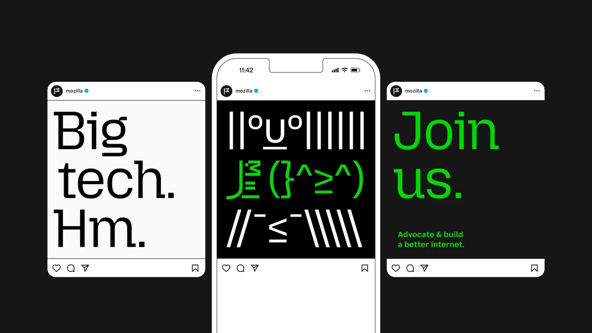 Publicaciones en redes sociales de Mozilla: «Big tech. Hm.» y «Join us.» con símbolos de tipografía de píxeles