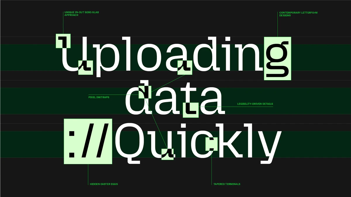 «Uploading data://Quickly» en la tipografía de estilo píxel de Mozilla sobre verde oscuro