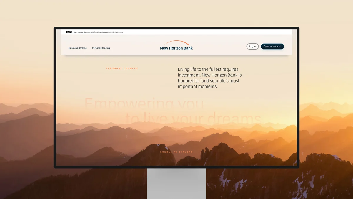 Sitio web de New Horizon Bank en un escritorio con un paisaje al atardecer