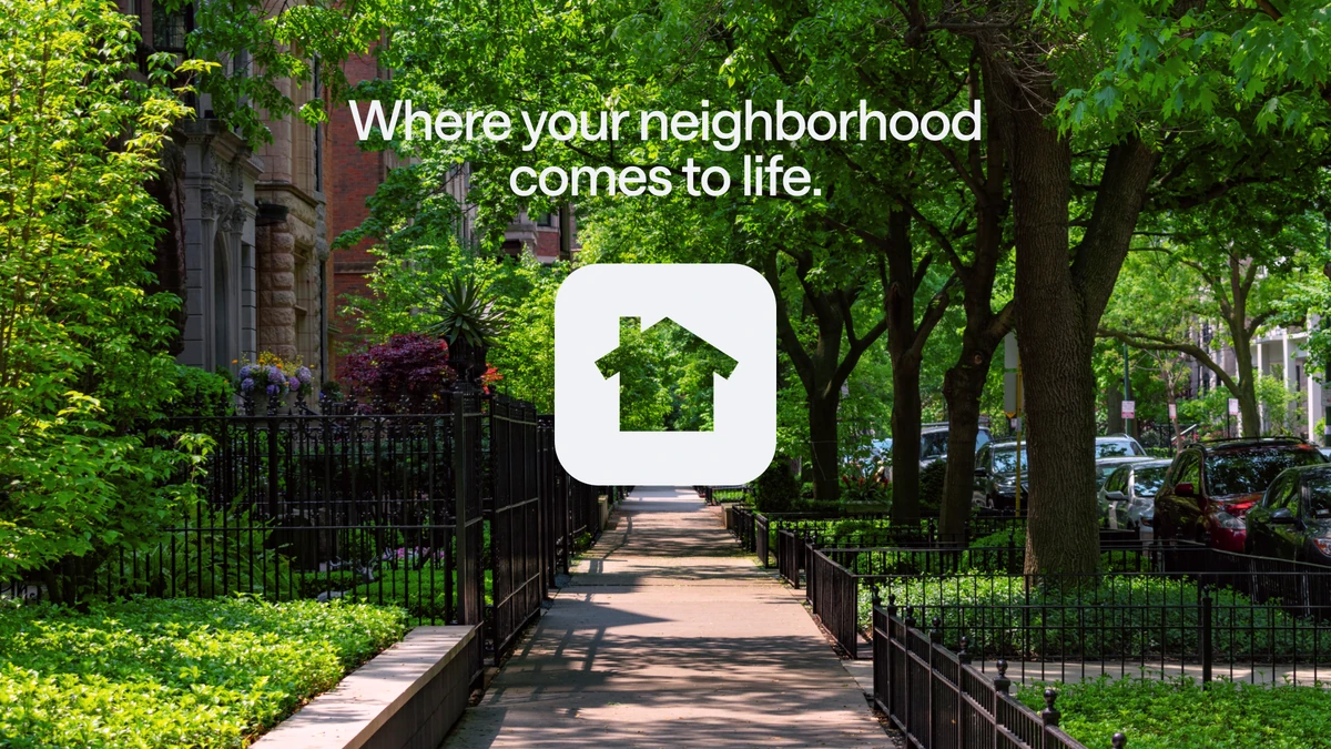 Icono de la app de Nextdoor sobre una calle de barrio con árboles: «Where your neighborhood comes to life»