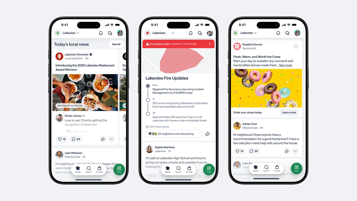 Tres teléfonos que muestran el feed rediseñado de Nextdoor