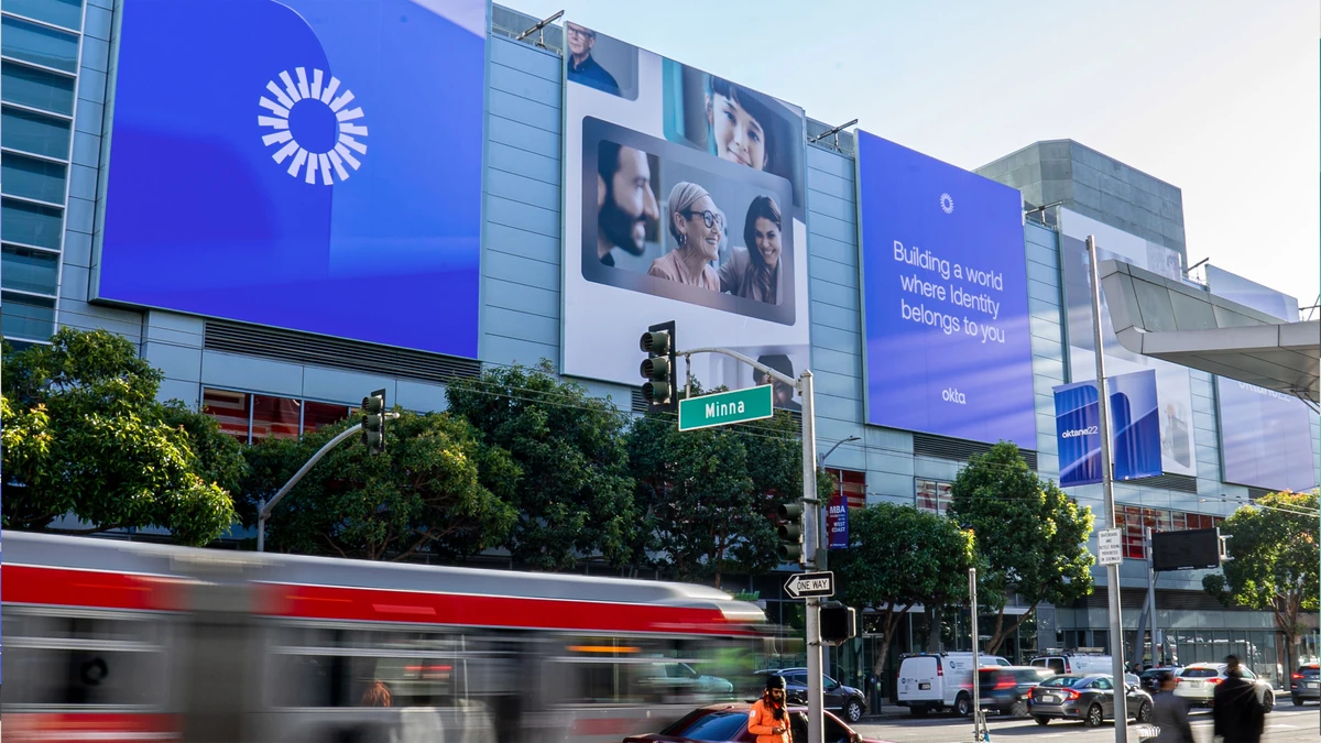 Okta billboards on a city building