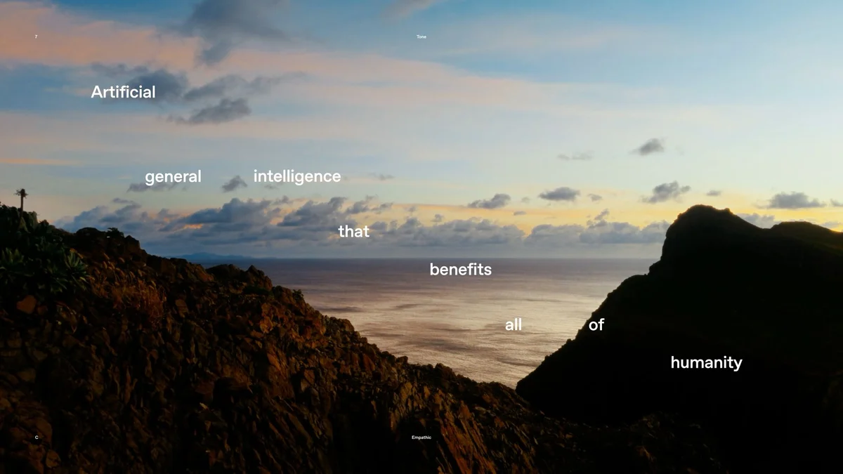 Imagen principal de la web de OpenAI sobre un paisaje de atardecer costero