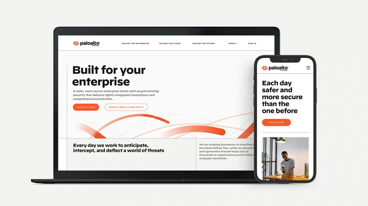 Palo Alto Networks site on laptop and phone: 'Built for your enterprise'