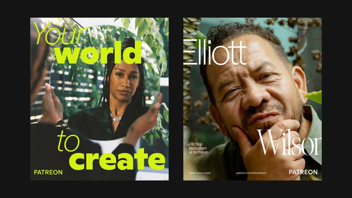 Composiciones de campaña de Patreon con retratos de creadores: «world to create»