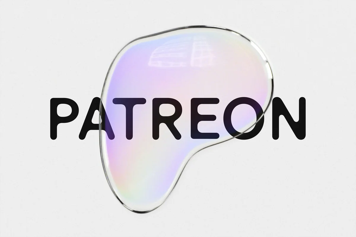 Logotipo de Patreon sobre una forma de gota iridiscente y cristalina sobre fondo blanco