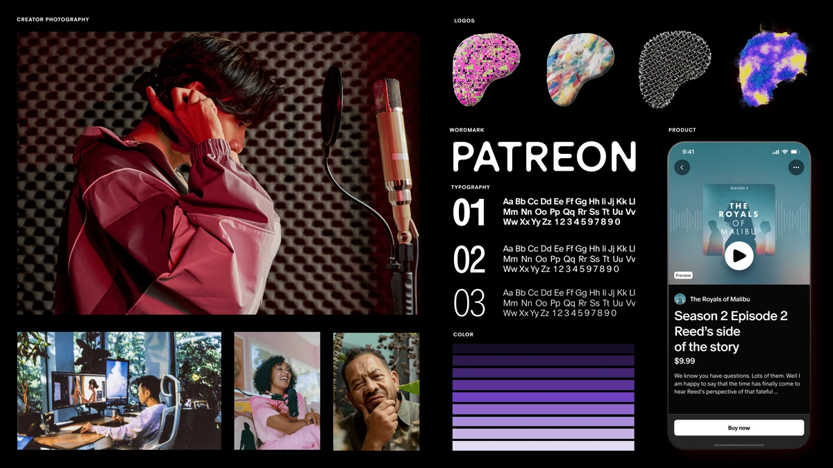 Maquetación de página de creador de Patreon con fotos, ilustraciones y un panel púrpura oscuro