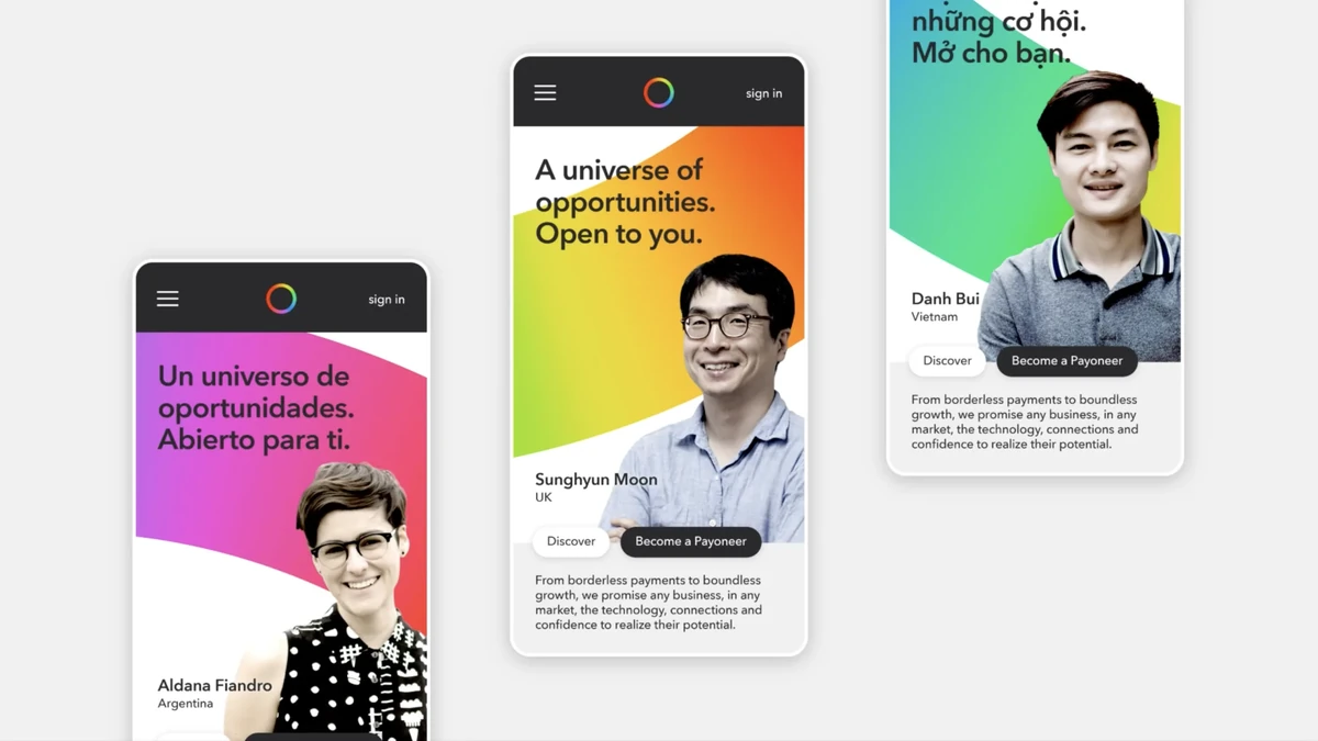 Payoneer app screens with portraits