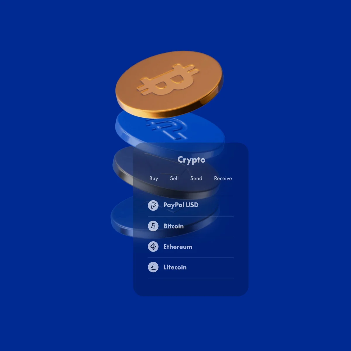 Pantallas de la app de cripto de PayPal flotando sobre fondo azul