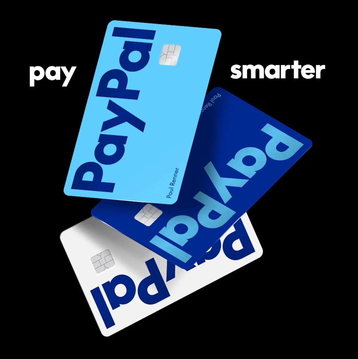 Pila de tarjetas azules de PayPal: «pay smarter»